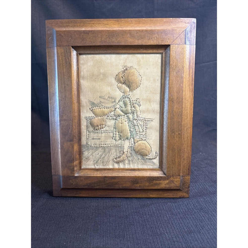 Vintage Holly Hobbie Stitched Rustic Wood Frame Folk Art Farmhouse Girl Cat Tin